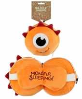 Oranje monster knuffel reiskussen slaapmasker 3 in 1 voor kinderen